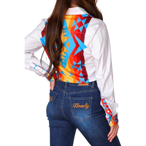 RANCH DRESS'N Fallon Taylor "Atoka" white/blue Performance rodeo shirt sz L NWT - Picture 4 of 11